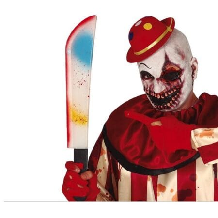 Pohled zepředu na barevnou mačetu – halloweenský doplněk.