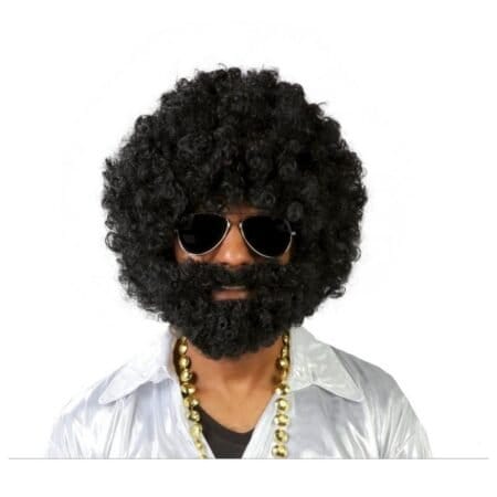 Afro paruka s černým plnovousem zepředu