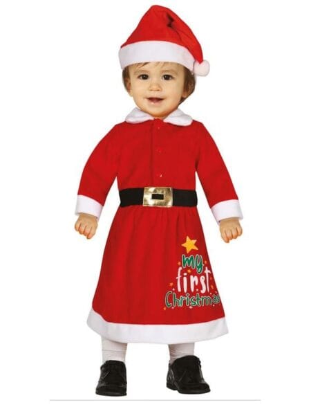 Miminko v kostýmu Malý Santa s nápisem „My First Christmas“